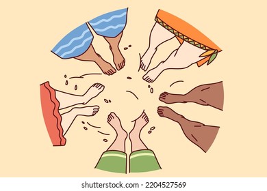 Diverse people legs on sand beach. Multiracial friends feet on seashore in summer. Vacation and travel. Vector illustration. 