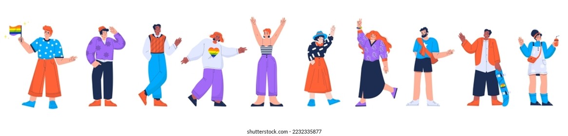 Diverse people, lgbt or lgbtq persons. Multinational positive characters waving hands, happy young and mature men or women greeting gesturing, hello and welcome gesture Linear flat vector illustration