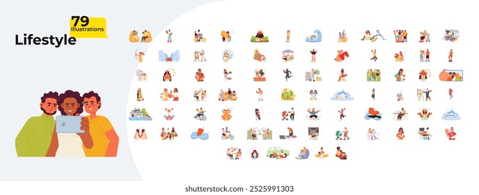 Diverse people lifestyle cartoon flat illustrations mega bundle. Zodiac signs. Newborn care. Fitness yoga. Natural disaster. Relax 2D images isolated on white. Collection vector drawings colorful