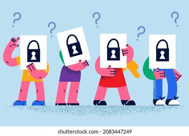 Diverse people in line hide face behind paper with lock painted on. Employee feel confused with web data or information security. Cyber record global protection and privacy. Vector illustration.