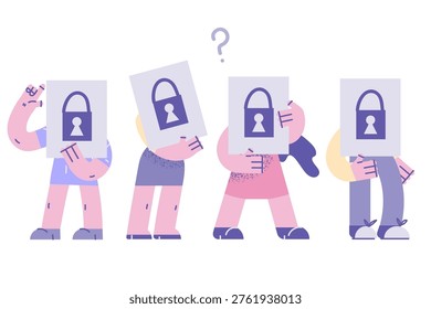 Diverse people in line hide face behind paper with lock painted on. Employee feel confused with web data or information security. Cyber record global protection and privacy. Vector illustration.