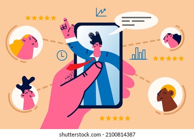 Diverse people listen watch webcam class on smartphone study on internet on lockdown. Students have distant video call on cellphone with presenter or coach. Remote education. Vector illustration. 