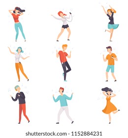 Diverse people listening music with headphones and dancing set, young faceless guys and girls in casual clothes with headphones and audio players vector Illustrations on a white background