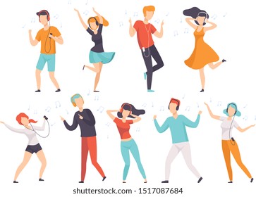 Diverse people listening music with headphones and dancing set, young faceless guys and girls in casual clothes with headphones and audio players vector Illustrations on a white background