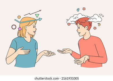 Diverse people with logical analytical mind talk communicate with imaginative creative mindset. Man and woman with different thinking have chat or communication. Vector illustration. 