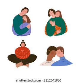 Diverse people in love. Happy hugging gay and heterosexual couples set. Flat hand drawn vector illustration for cards, postcards, posters.
