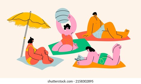 Diverse people lying on towels or blankets. Cute characters relaxing, sunbathing, reading books, talking. Summer time, beach, vacation concept. Hand drawn modern Vector illustration. Cartoon style