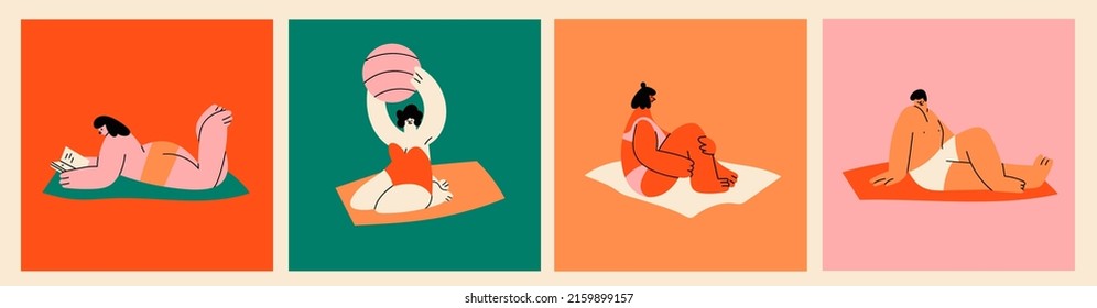 Diverse people lying on towels or blankets. Cute characters relaxing, sunbathing, reading books. Summer time, beach, vacation concept. Set of four hand drawn Vector illustrations. Cartoon style 