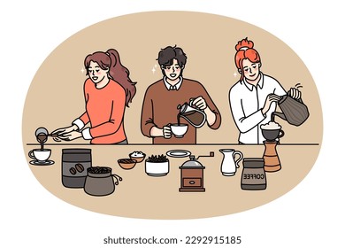 Diverse people making coffee in various ways. Men and women baristas prepare hot beverage in coffee machine. Alternative coffee preparation. Flat vector illustration.