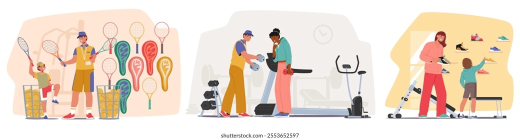 Diverse people making purchases shopping at sports goods store scene set. dad and son, mom and daughter, young sportswoman choosing tennis equipment, new sneakers and dumbbells vector illustration