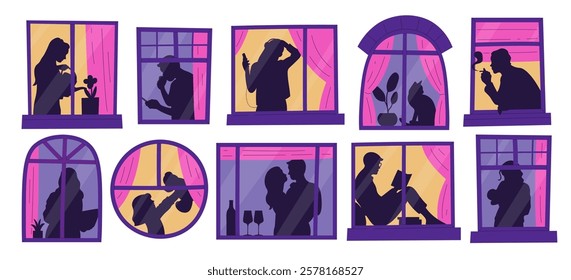 Diverse people male and female silhouettes in night windows outdoors view isolated set on white background. Man and woman, children, loving couples evening routine urban lifestyle vector illustration