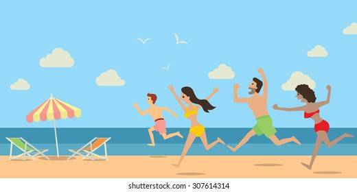 Diverse people, man and woman, running and jumping to the beach and sea in happy holiday concept. Flat design. 