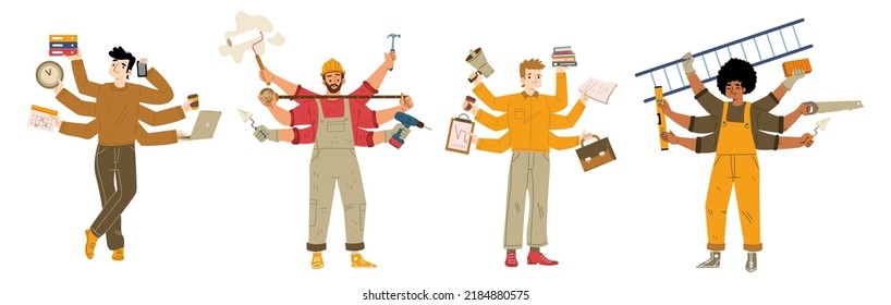 Diverse people with many hands. Multitask, workaholic with multiple tasks concept. Vector flat illustration of businessman, office worker, carpenter and handyman holding many tools