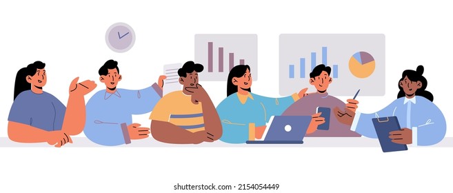 Diverse people meeting in office conference room. Concept of communication in team. Vector flat illustration of men and women company workers talk and discuss together