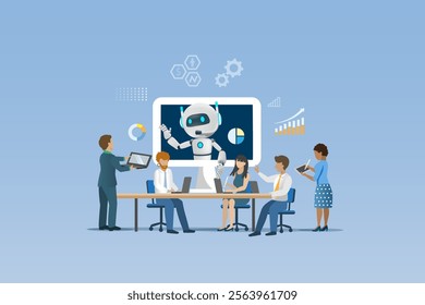 Diverse people in meeting using AI robot on computer as powerful search engine for smart data analyzing. Artificial intelligence innovation technology to define smart solution. 3D vector.