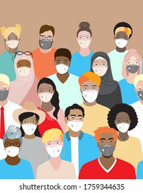 Diverse People, Men, Women Wearing Medical Face Masks Standing Together In Crowd. Vector Boarder Seamless Pattern. International Community,  Multiethnic Group Of Students. Cultural, Religion Equality 