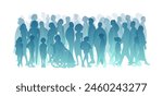 Diverse people, modern city population. Urban lifestyle. Different human silhouettes. Men, women, kids, seniors group. Crowd, community, society concept. Color line drawn vector cityscape illustration