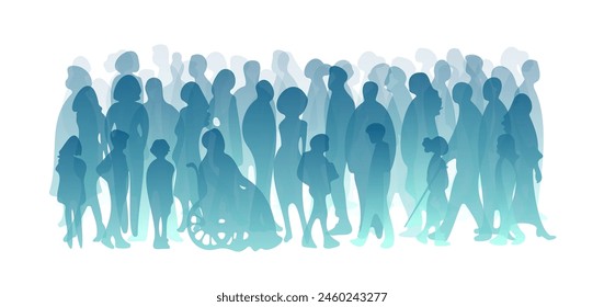 Diverse people, modern city population. Urban lifestyle. Different human silhouettes. Men, women, kids, seniors group. Crowd, community, society concept. Color line drawn vector cityscape illustration