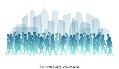 Diverse people, modern city population. Urban lifestyle. Different human silhouettes. Men, women, kids, seniors group. Walking crowd, street community society concept. Vector cityscape illustration