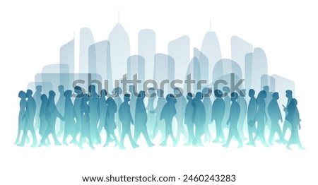 Diverse people, modern city population. Urban lifestyle. Different human silhouettes. Men, women, kids, seniors group. Walking crowd, street community society concept. Vector cityscape illustration
