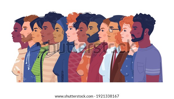 Diverse people, multiracial, multicultural crowd\
of men and women, side view portraits. Vector multi-ethnic group,\
concept of equality and togetherness. Wellness, independence and\
freedom, stop racism