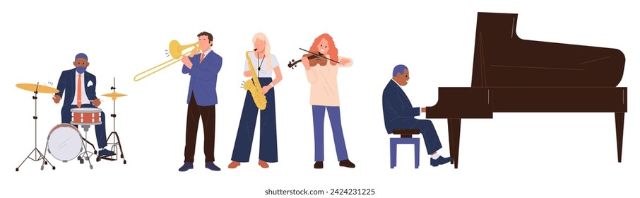 Diverse people musicians cartoon character playing different musical instruments in jazz group