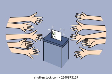 Diverse people near election box voting. Voters stretch hands throw political ballot. Right to vote concept. Vector illustration. 