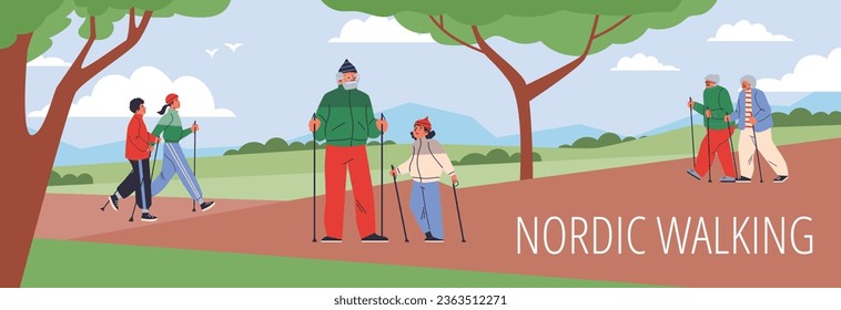 Diverse people nordic walking in park, flat vector illustration. People of different ages exercising with walking poles. Young man and woman, elderly ladies and grandfather with child.