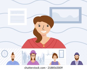 Diverse People On Online Group Video Chat Screen Computer. Illustration Of Faces On Live Video Conference Call Screen. Online Meeting Work Form Home, Remote Project Management, Quarantine. Vector