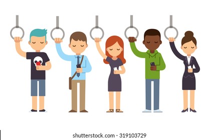 Diverse People On Subway Commute Looking At Smartphones. Vector Illustration In Simple Flat Style.