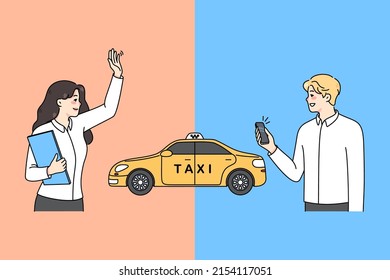 Diverse People Order Taxi In Various Ways. Man Call Cab On Cellphone App, Woman Catch Car On Street. Private Transportation Concept. City Traffic. Flat Vector Illustration. 