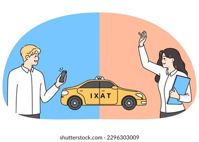 Diversas personas ordenan taxis de varias maneras. Hombre llama a un taxi en la aplicación de celulares, mujer atrapa un auto en la calle. Concepto de transporte privado. Tráfico urbano. Ilustración vectorial plana.