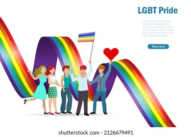 Diverse people parade with LGBT rainbow flag celebrate LGBTQ pride month holding flag and heart sign. To support transgender community, social diversity concept.