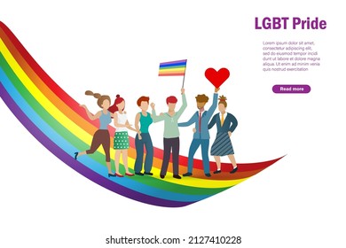 Diverse people parade with LGBT rainbow flag celebrate LGBTQ pride month holding flag and heart sign. To support transgender community, social diversity concept.