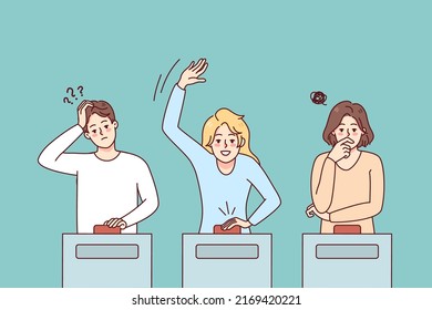 Diverse people participate in quiz show answering questions. Men and women take part in gambling game on TV. Flat vector illustration. 