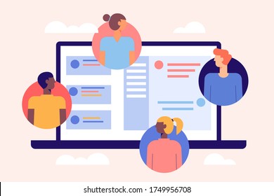 Diverse people participating in the online conference call. Friends meeting up online. Team working from home via videocall on different devices. Background with icons pattern