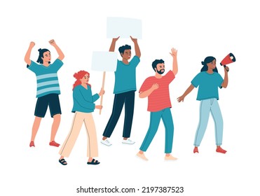 Diverse people with placard, banner and megaphone on demonstration. Angry men and women on parade, picket or strike. Activists, peaceful rights protest, manifestation.Isolated flat vector illustration