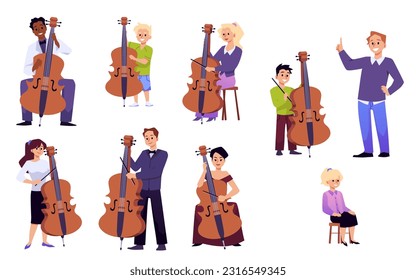 Diverse people playing cello, flat vector illustration isolated on white background. Set of male and female musicians playing violin. Kids and adults learning how to play music instruments.