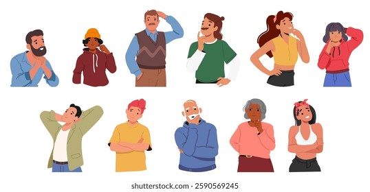 Diverse people pondering characters showcasing thinking, making choice and decision gesture and facial expressions. Children, teens and adults with puzzled, wonder, amazed or dreamlike emotions