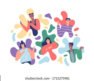 Diverse people portrait set in colorful paint splash shapes for creative presentation, art class or artistic product  on isolated white background.