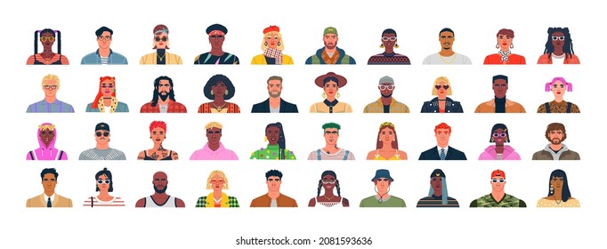 Diverse people portrait set. Flat cartoon character avatar illustration collection. Big men and women group bundle for modern business team presentation or young person concept.