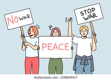 Diverse people with posters protest against war at street demonstration. Decisive activists with placards stand for peace. Anti-war picket or march. Vector illustration. 