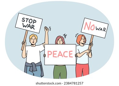 Diverse people with posters protest against war at street demonstration. Decisive activists with placards stand for peace. Anti-war picket or march. Vector illustration.