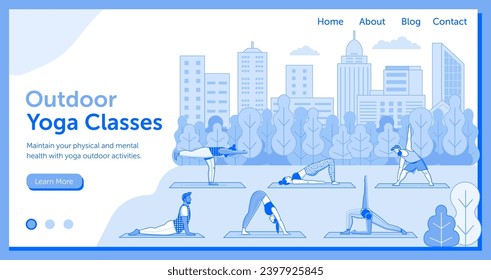 Diversas personas practicando clases de yoga al aire libre en el parque de la ciudad. Hombres y mujeres en entrenamiento al aire libre. Banner web de arte de estilo de vida sano y activo con gente entrenando diferentes posturas de yoga.