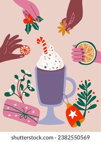 Diverse people prepare christmas drink. Cocoa mug with cream, candy cane and confetti. Hand drawn vector illustration for postcard, T-shirt, print. 