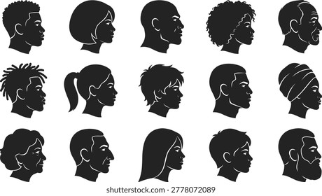 Diverse people profile head silhouettes with detailed facial features and various hairstyles, multicultural human avatar face side view icons, community, set