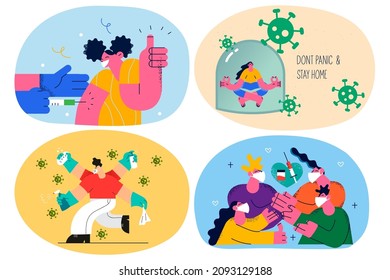 Diverse people protect during corona virus, get vaccinated stay at home for isolation. Citizens follow rules wear facemask for covid-19 protection. Vaccination campaign. Flat vector illustration. Set.