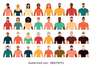 Diverse people in protective face masks during the epidemic. Isolated icon set. Social distance, quarantine concept. Flat design vector illustration.