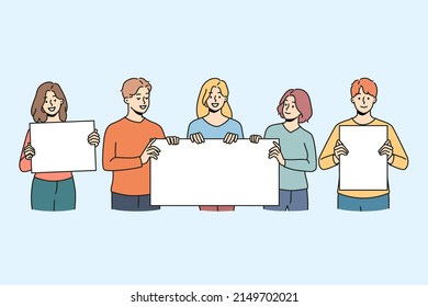 Diverse people protesters with mockup placards on manifestation or protest. Men and women activists with banners or signs on street demonstration or revolution. Vector illustration. 