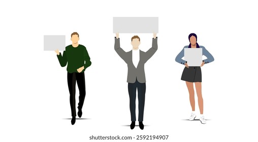 Diverse people protesters with mockup placards on manifestation or protest on white background. Activists picket. Vector illustration Not AI generated